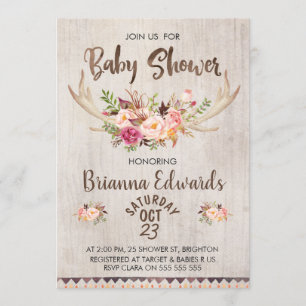 Boho Floral Antlers Chá de fraldas Convite