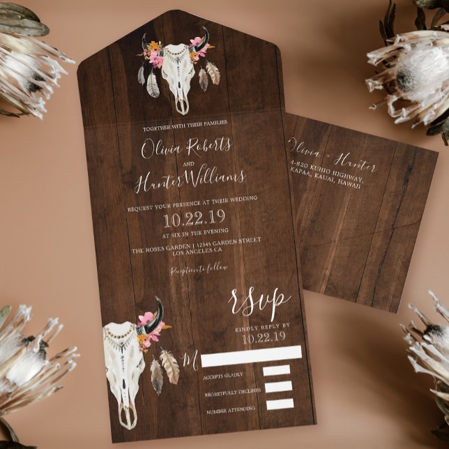 Boho Floral Antlers Skull Dark Wood Casamento (Criador carregado)