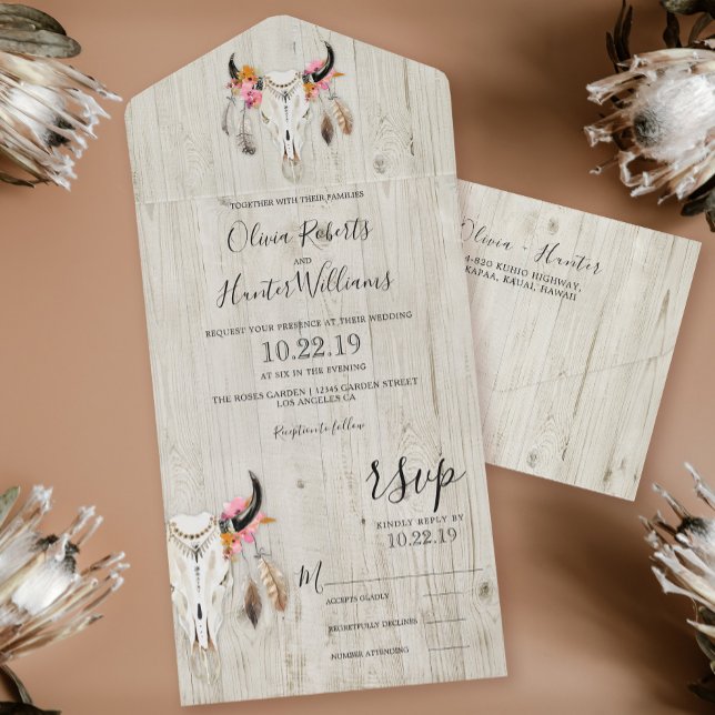 Boho Floral Antlers Skull Wood Casamento (Criador carregado)