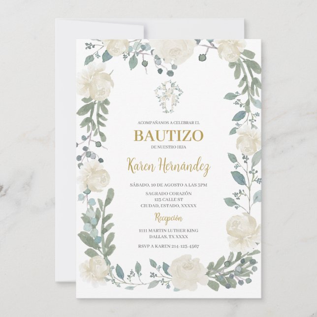 Boho Floral Baptism Convite Espanhol (Frente)