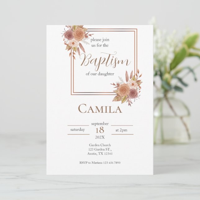 Boho Floral Baptism Convite Para Menina Em Espanho (Em pé/Frente)