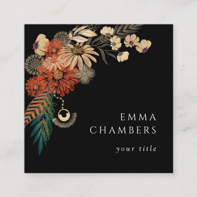 Boho Floral Black Cartão de visita (Frente)