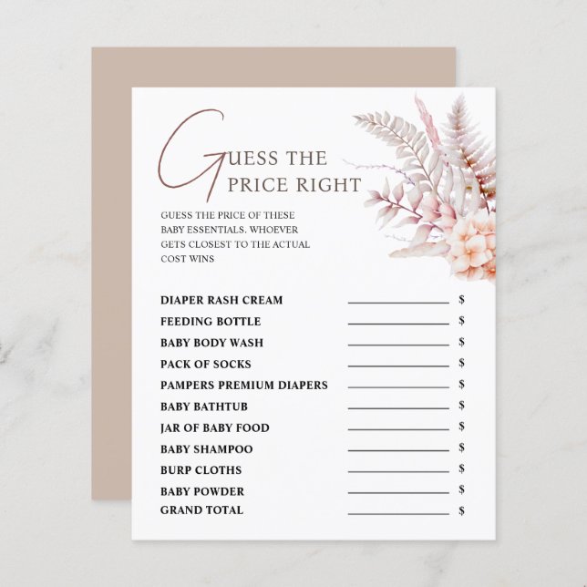 Boho Floral Chá de fraldas Adivinha O Jogo Preço C (Frente/Verso)