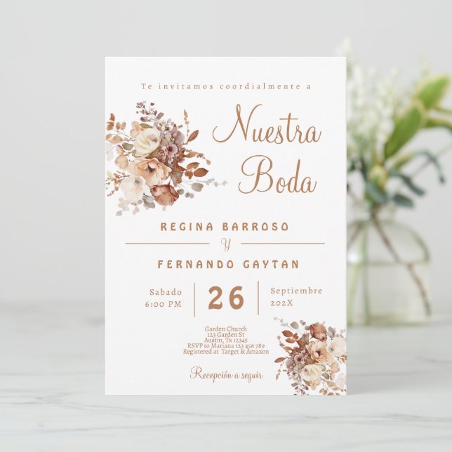Boho Floral - Convite de casamento espanhol (Em pé/Frente)