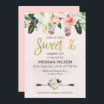 Boho Floral Cor-de-Rosa 16º Convite de Aniversário<br><div class="desc">Procurando um doce boêmico, 16 anos? Este design apresenta um grande arranjo floral e penas na parte superior do convite. Eu adicionei algumas flores na metade inferior do design também que se sentam sobre algumas setas aquáticas. O título doce 16 da caligrafia dourada falso é parte da imagem e não...</div>