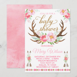 Boho Floral Deer Antler Chá de fraldas Convite