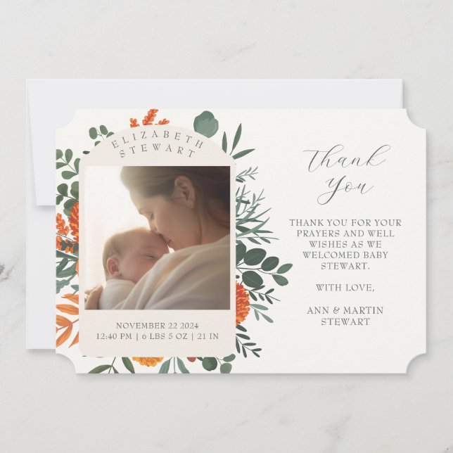 Boho Floral Obrigado Bebê Anúncio de Nascimento (Frente)