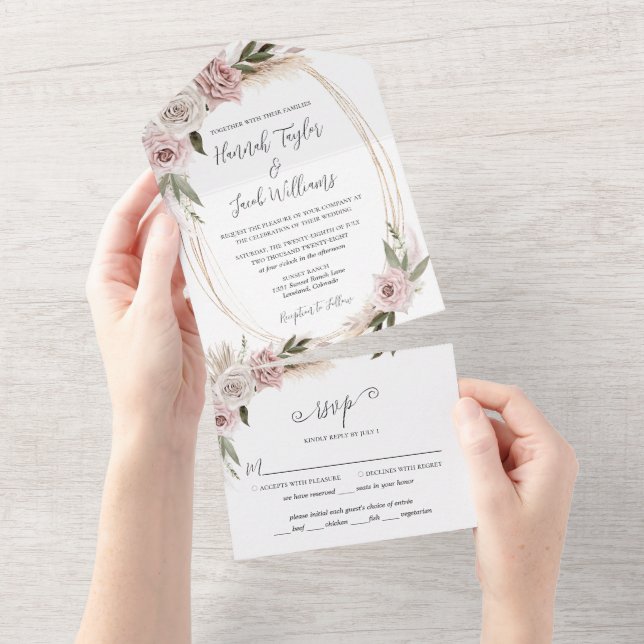 Boho Floral Pampas Rosa Casado com RSVP (Tearaway)