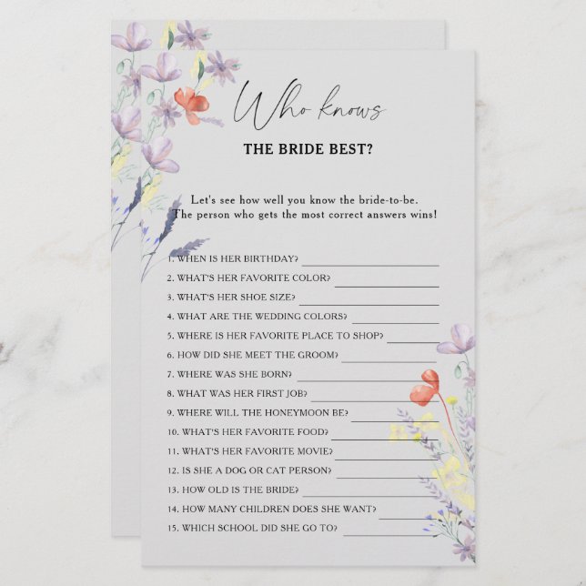 Boho Floral Que conhece o melhor jogo da noiva (Frente/Verso)