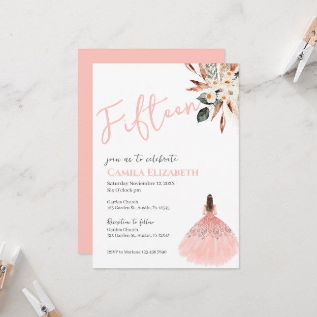 Boho Floral Quinceañera Convite (Frente/Verso In Situ)