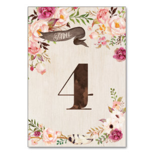Boho Floral Rustic Table Number Cartão 4