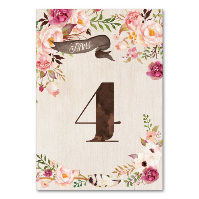 Boho Floral Rustic Table Number Cartão 4 (Frente)
