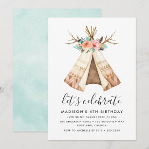 Boho Floral Teepee Convite de aniversário
