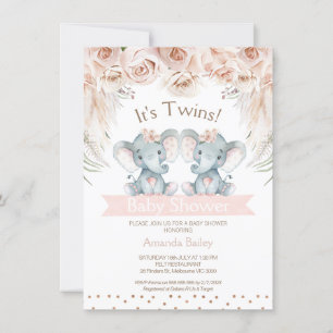 Boho Floral Twin Elephant Chá de fraldas Convite