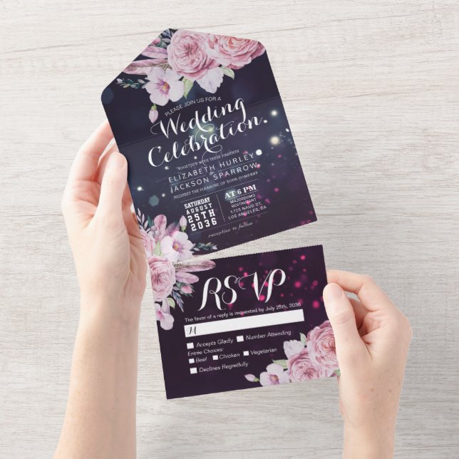 Boho Flowers Penas Purple Sparkle Weds RSVP (Aba destacável)