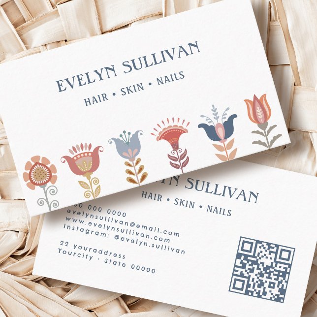 boho folheto art flores qr code cartão de visita (Criador carregado)
