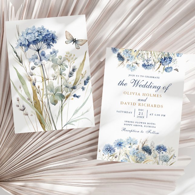 Boho French Blue Wildflower Meadow Convite de casa (Boho French Blue Wildflower Meadow Wedding Invite on a sunny boho neutral dry palm leaf.)