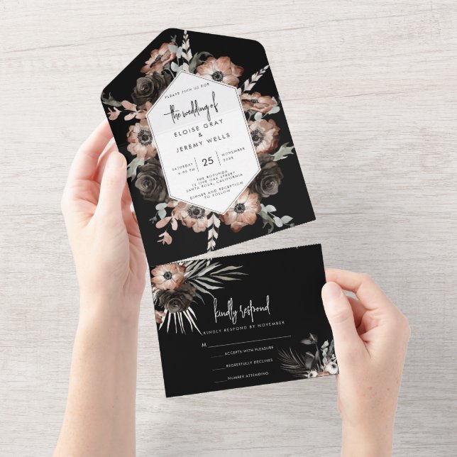 Boho Gótico Tudo em Um Convite de casamento (Aba destacável)
