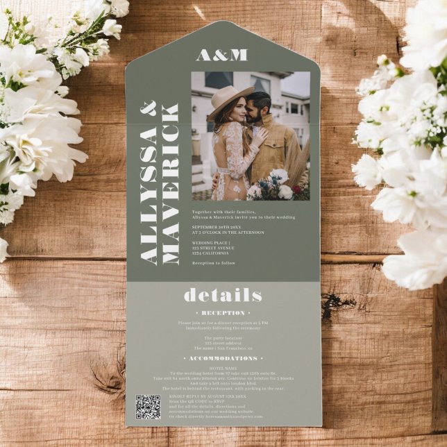 Boho green Bold, simples casamento com fotos de mo (Boho green Bold simple monogram photo wedding All In One Invitation)