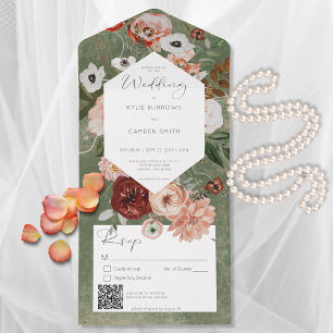 Boho Green Burgundy Fall Floral Código QR