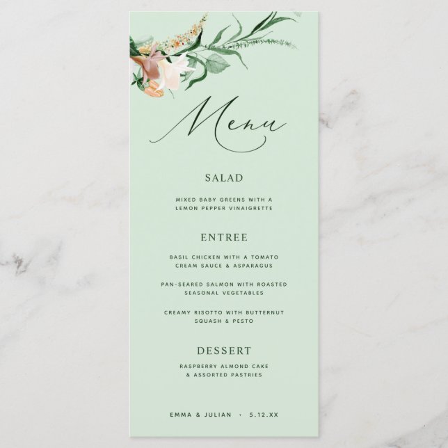 Boho Greenery Neutral Sage Menu Casamento (Frente)