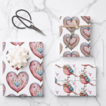 Boho Hearts & Bird Wraping Paper Conjunto de 3