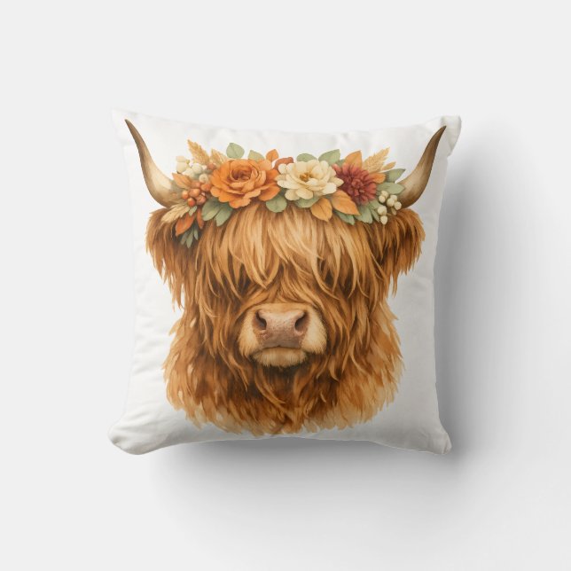 Boho Highland Cow Almofada de Arremesso com Coroa  (Frente)