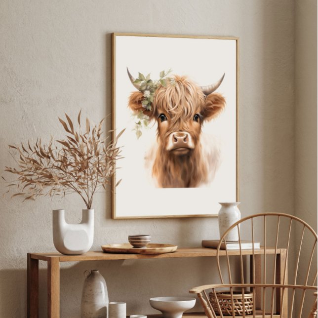 Boho Highland Cow Art Impressão (Boho Highland Cow Art Print Poster.)