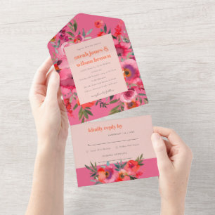 Boho Hot Pink Orange Watercolor Casamento Floral