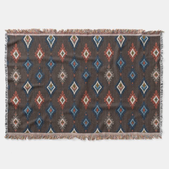 Boho Ikat lança cobertor - castanho-sujo com coral (Frente)