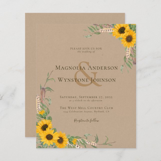 Boho Kraft Sunflower Casamento (Frente/Verso)
