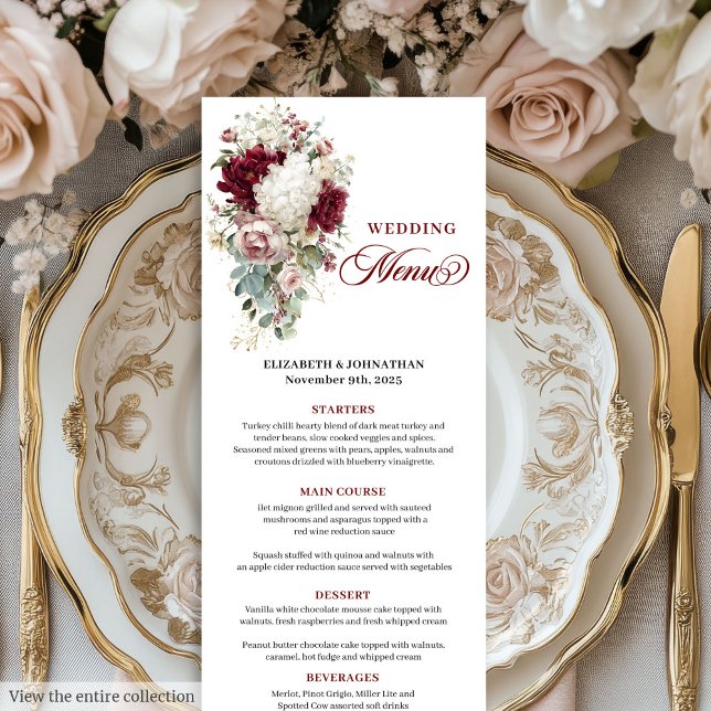 Boho marsala dourado rosa cartão de cardápio român (Boho marsala gold roses romantic wedding menu card

)