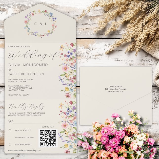 Boho Neutral Wildflower RSVP & QR Code Casamento (Criador carregado)