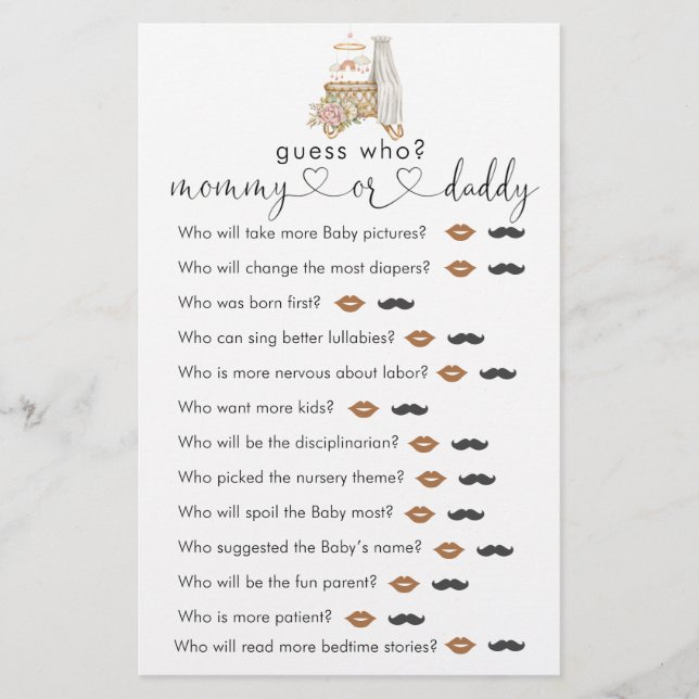 Boho Nursery Chá de fraldas Adivinha Quem Jogo (Frente)