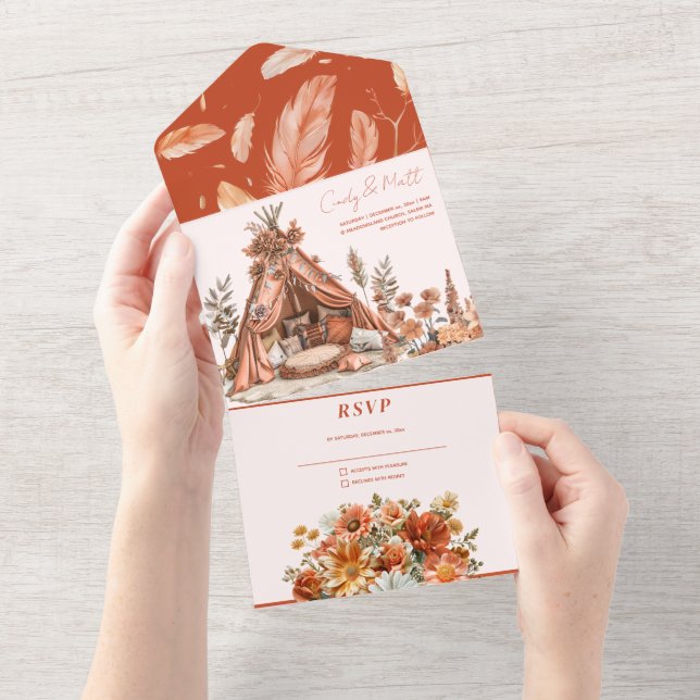 Boho Orange Flores Todos Em Um Convite De Casament (Aba destacável)
