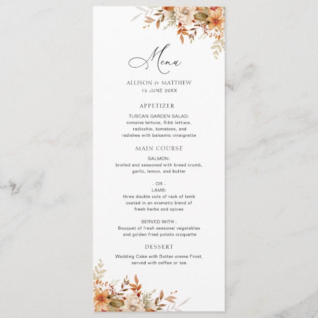 boho outono outono floral menu de casamento floral (Frente)