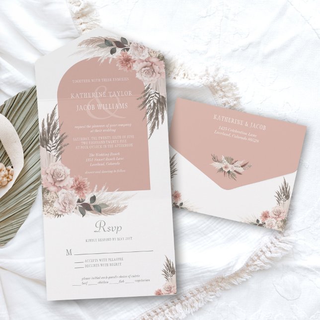 Boho Pampas Dusty Casamento Floral Rosa Rosa (blush pink boho pampas grass wedding invitations)