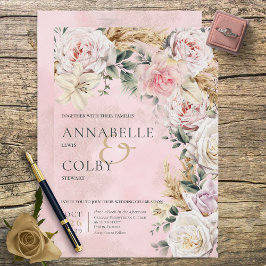 Boho Pampas e Rosas Rosa Convite para Casamento