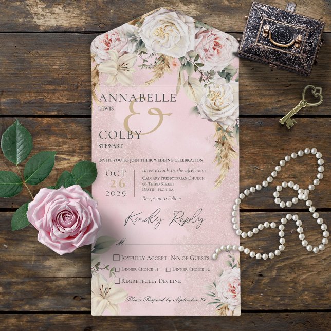 Boho Pampas e Rosas Rosa Jantadas Rosa (Also available with a QR code or without dinner selection options.)