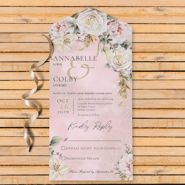 Boho Pampas e Rosas Rosa Rosa Rosa Sem Janto (Also available with a QR code or with dinner selection options.)