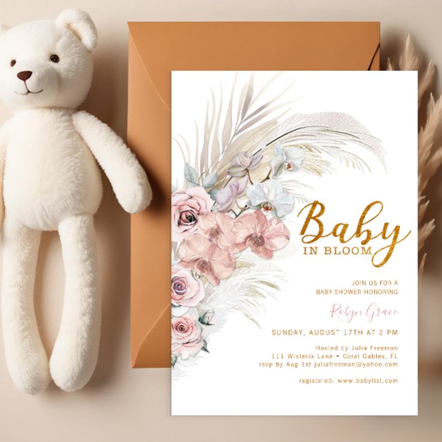 Boho Pampas Grass Baby in Bloom Chá Convite (Beautiful Boho Baby Shower Invite)