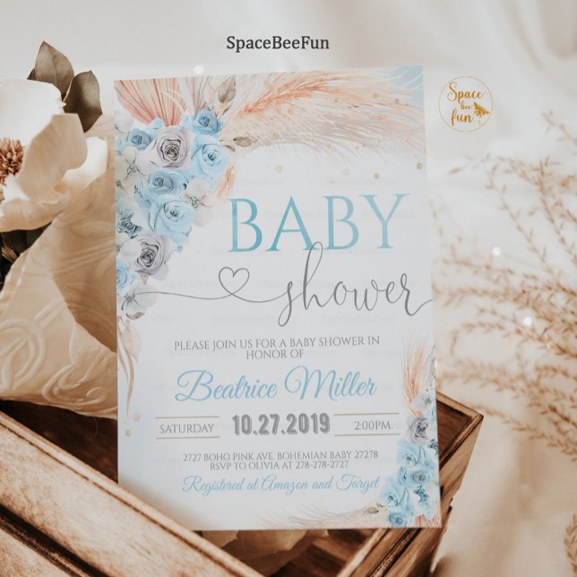 Boho Pampas Grass Chá de fraldas Convite Bohem (Boho Pampas Grass Baby Shower Invitation Boy Bohemian Tropical  Blue  and Gold  Invites )