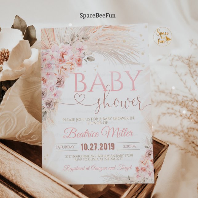 Boho Pampas Grass Chá de fraldas Convite Rapariga  (Boho Pampas Grass Baby Shower Invitation Girl Bohemian Tropical Pink and Gold Invites.)