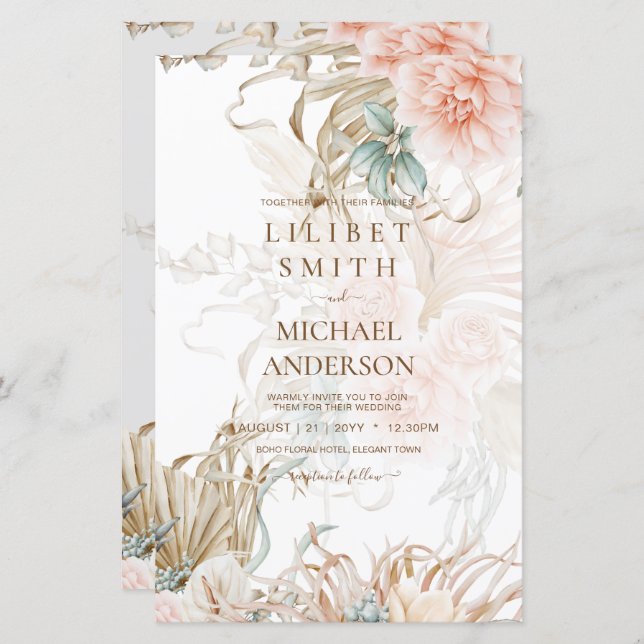 BoHO Pampas Grass Floral Coral Sage Casamento (Frente/Verso)