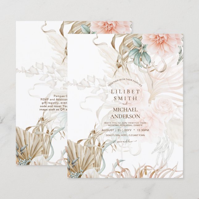 BoHO Pampas Grass Floral Coral Sage Casamento (Frente/Verso)