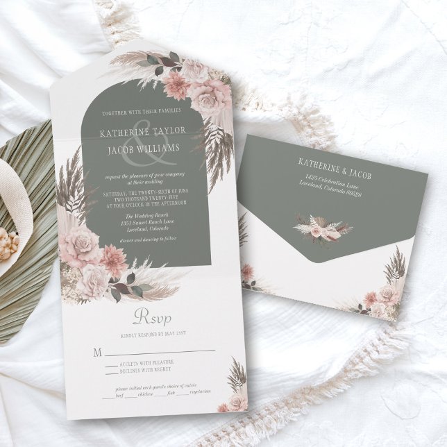 Boho Pampas Grass Sage Casamento Floral Verde (boho pampas grass wedding invitation)