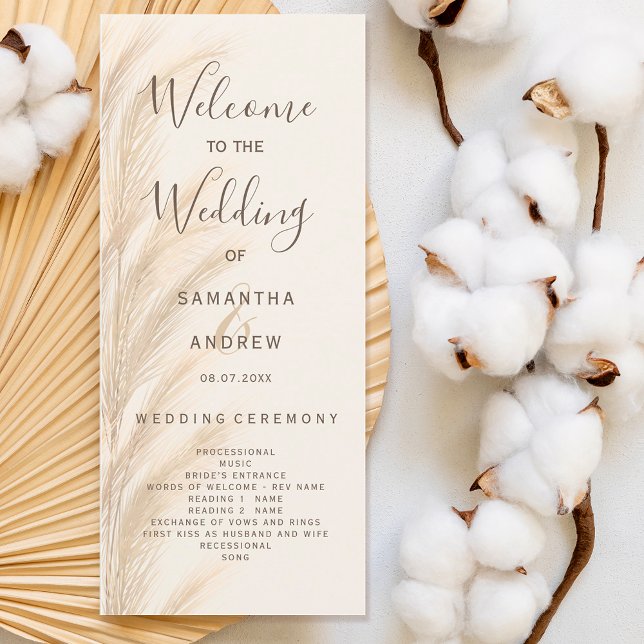 Boho pampas programa de náusea (Boho pampas grass watercolor wedding program)