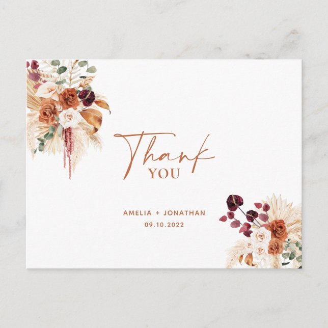 Boho Pampas Terracotta Obrigado Cartão Postal (Frente)