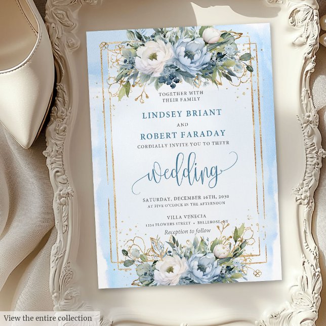 Boho Pastel Azul Flores Douradas Convite Para Casa (Boho Pastel Blue Gold Flowers Wedding Invitation)