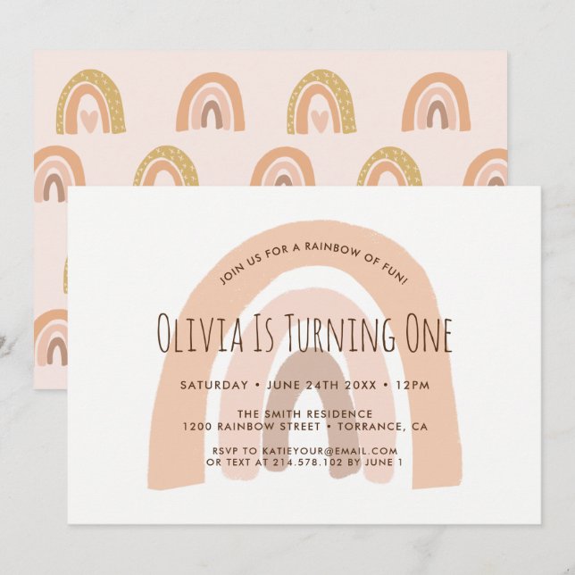 Boho Pastel Rainbow Primeiro Convite de Aniversári (Frente/Verso)